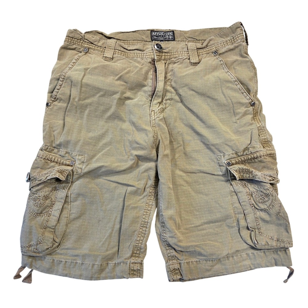 Affliction Black Premium Mens Khaki Ripstop Cargo Shorts Size 32 Embroidered Y2K